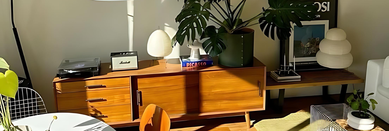 Sunny Apartment Living Room Midcentury Modern Dresser with lamps and plants